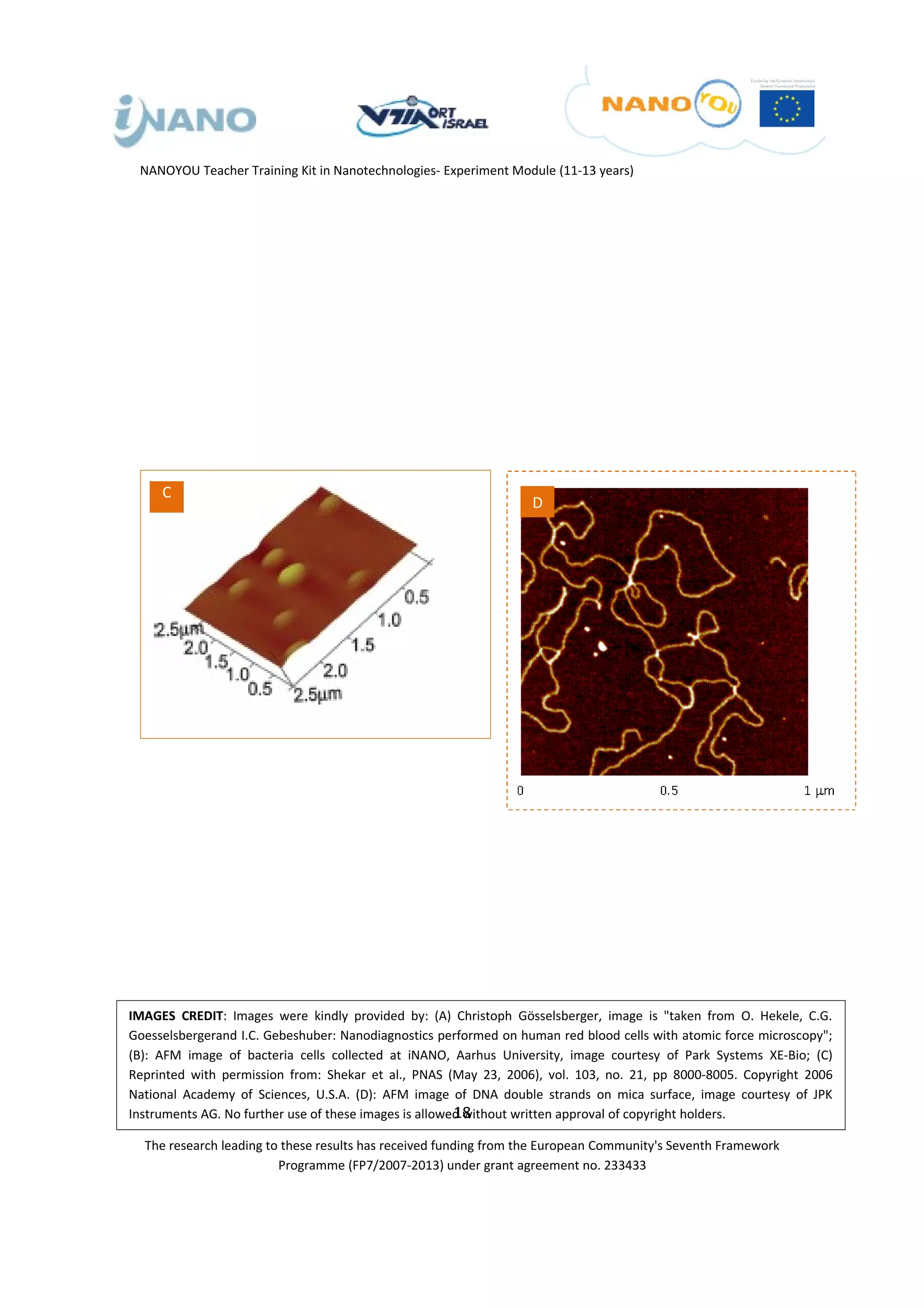 NANOYOU Teacher Training Kit in Nanotechnologies- Experiment Module (11-13 years)




     C
                                                                  D




IMAGES CREDIT: Images were kindly provided by: (A) Christoph Gösselsberger, image is "taken from O. Hekele, C.G.
Goesselsbergerand I.C. Gebeshuber: Nanodiagnostics performed on human red blood cells with atomic force microscopy";
(B): AFM image of bacteria cells collected at iNANO, Aarhus University, image courtesy of Park Systems XE-Bio; (C)
Reprinted with permission from: Shekar et al., PNAS (May 23, 2006), vol. 103, no. 21, pp 8000-8005. Copyright 2006
National Academy of Sciences, U.S.A. (D): AFM image of DNA double strands on mica surface, image courtesy of JPK
                                                        18
Instruments AG. No further use of these images is allowed without written approval of copyright holders.

  The research leading to these results has received funding from the European Community's Seventh Framework
                         Programme (FP7/2007-2013) under grant agreement no. 233433
 