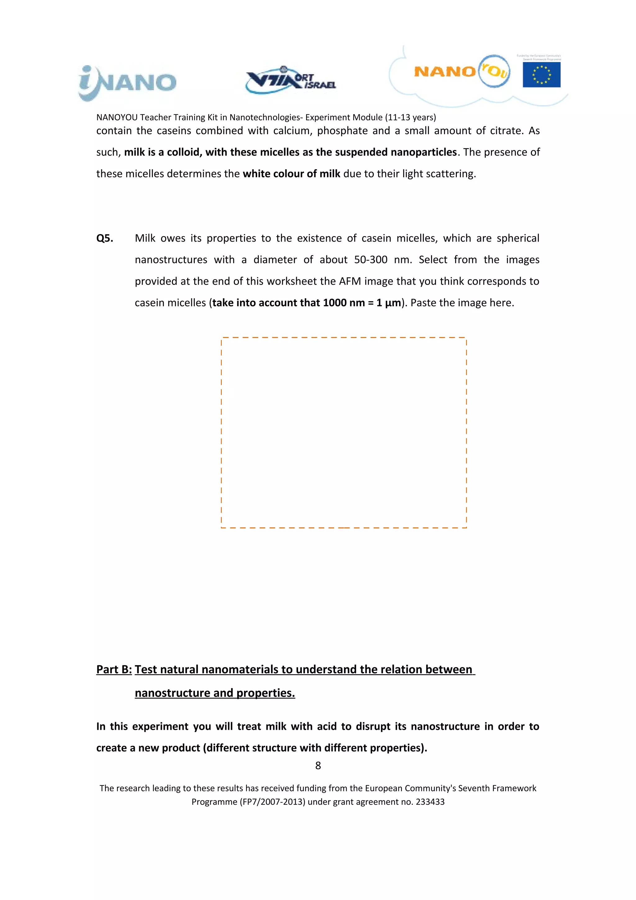 NANOYOU Teacher Training Kit in Nanotechnologies- Experiment Module (11-13 years)
contain the caseins combined with calcium, phosphate and a small amount of citrate. As
such, milk is a colloid, with these micelles as the suspended nanoparticles. The presence of
these micelles determines the white colour of milk due to their light scattering.




Q5.      Milk owes its properties to the existence of casein micelles, which are spherical
         nanostructures with a diameter of about 50-300 nm. Select from the images
         provided at the end of this worksheet the AFM image that you think corresponds to
         casein micelles (take into account that 1000 nm = 1 µm). Paste the image here.




Part B: Test natural nanomaterials to understand the relation between
         nanostructure and properties.

In this experiment you will treat milk with acid to disrupt its nanostructure in order to
create a new product (different structure with different properties).
                                                    8
The research leading to these results has received funding from the European Community's Seventh Framework
                       Programme (FP7/2007-2013) under grant agreement no. 233433
 