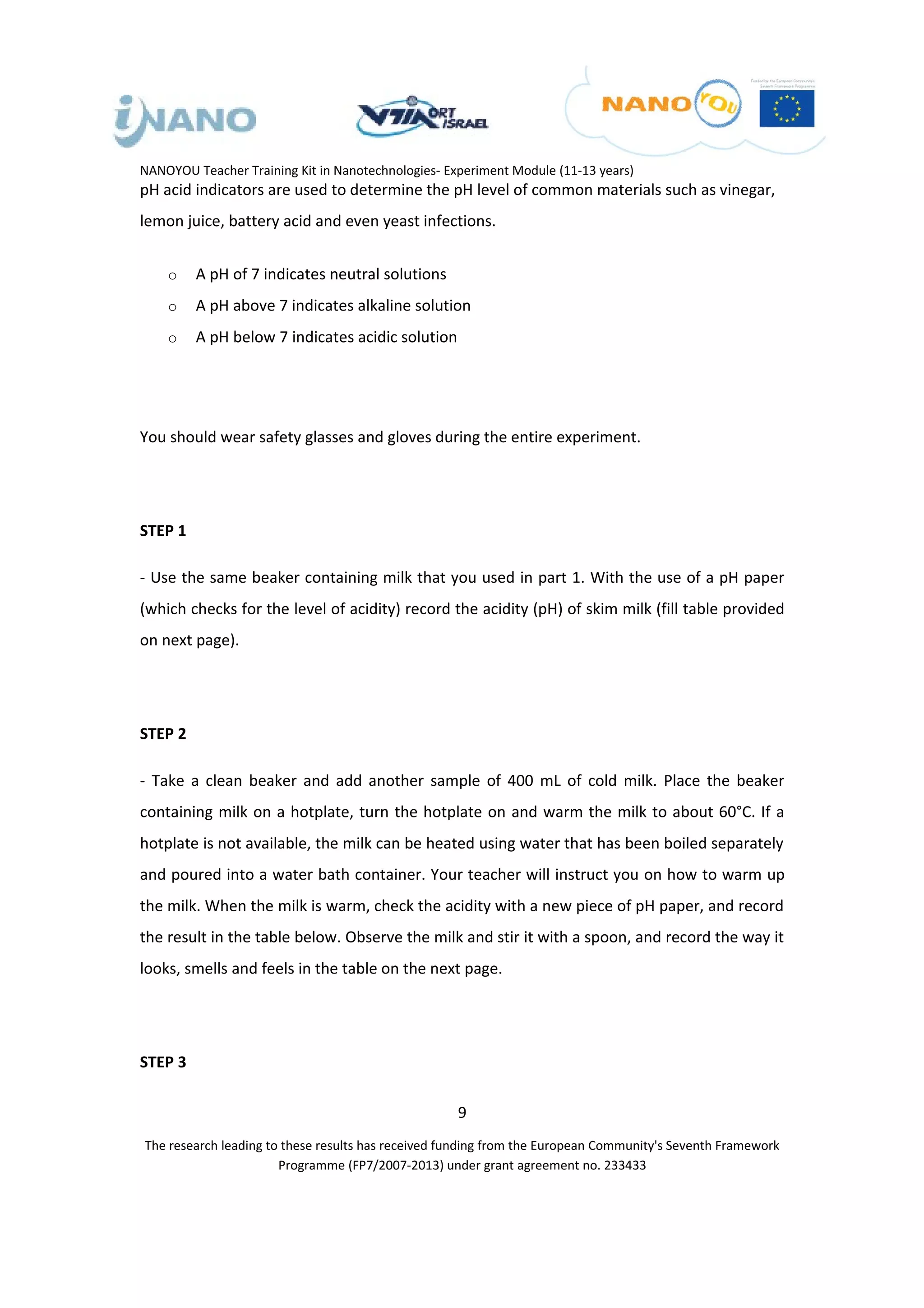 NANOYOU Teacher Training Kit in Nanotechnologies- Experiment Module (11-13 years)
pH acid indicators are used to determine the pH level of common materials such as vinegar,
lemon juice, battery acid and even yeast infections.


    o    A pH of 7 indicates neutral solutions
    o    A pH above 7 indicates alkaline solution
    o    A pH below 7 indicates acidic solution




You should wear safety glasses and gloves during the entire experiment.




STEP 1

- Use the same beaker containing milk that you used in part 1. With the use of a pH paper
(which checks for the level of acidity) record the acidity (pH) of skim milk (fill table provided
on next page).




STEP 2

- Take a clean beaker and add another sample of 400 mL of cold milk. Place the beaker
containing milk on a hotplate, turn the hotplate on and warm the milk to about 60°C. If a
hotplate is not available, the milk can be heated using water that has been boiled separately
and poured into a water bath container. Your teacher will instruct you on how to warm up
the milk. When the milk is warm, check the acidity with a new piece of pH paper, and record
the result in the table below. Observe the milk and stir it with a spoon, and record the way it
looks, smells and feels in the table on the next page.




STEP 3

                                                    9
The research leading to these results has received funding from the European Community's Seventh Framework
                       Programme (FP7/2007-2013) under grant agreement no. 233433
 