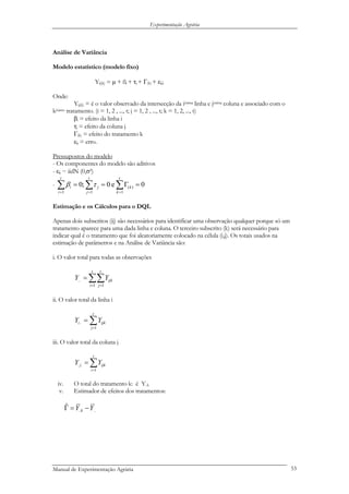 Experimentação Agrária
Análise de Variância
Modelo estatístico (modelo fixo)
Yij(k) = µ + ßi + τj + Γ(k) + εij;
Onde:
Yij(k) = é o valor observado da intersecção da iésima linha e jésima coluna e associado com o
késimo tratamento. (i = 1, 2 , ..., t; j = 1, 2 , ..., t; k = 1, 2, ..., t)
βi = efeito da linha i
τj = efeito da coluna j
Γ(k) = efeito do tratamento k
εij = erro.
Pressupostos do modelo
- Os componentes do modelo são aditivos
- εij ~ iidN (0,σ²)
- 0e0;0
1
)(
11
=Γ== ∑∑∑ ===
t
k
k
t
j
j
t
i
i τβ
Estimação e os Cálculos para o DQL
Apenas dois subscritos (ij) são necessários para identificar uma observação qualquer porque só um
tratamento aparece para uma dada linha e coluna. O terceiro subscrito (k) será necessário para
indicar qual é o tratamento que foi aleatoriamente colocado na célula (i,j). Os totais usados na
estimação de parâmetros e na Análise de Variância são:
i. O valor total para todas as observações
∑∑= =
=
t
i
t
j
ijkYY
1 1
...
ii. O valor total da linha i
∑=
=
t
j
ijki YY
1
..
iii. O valor total da coluna j
∑=
=
t
i
ijkj YY
1
..
iv. O total do tratamento k: é Y..k
v. Estimador de efeitos dos tratamentos:
.....
ˆ YY k −=Γ
Manual de Experimentação Agrária 53
 