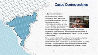 Casos Controversiales
1. Experimentoscon bebés
Un laboratorio del Instituto
Nacional de Salud (NIH) cría a
docenas de monos cada año para
hacerlos propensos a
enfermedades mentales. La mitad
de los bebés son arrancados de sus
madres con el fin de causarles
traumas mentales y nunca se les permite verse nuevamente.
Estos bebés sufren de miedo, ansiedad y depresión horribles. Su
miseria les ocasiona pérdida de cabello, diarrea e incluso los lleva
a automutilarse.
En un experimento horrible, los bebés son enjaulados junto con
sus madres sedadas. Los bebés aterrorizados intentan
frenéticamente revivir a sus madres. En al menos un caso, se puede
escuchar a los investigadores riendo mientras una madre sedada
lucha para mantenerse despierta para poder consolar a su hijo.
 