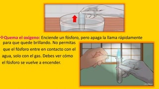 Quema el oxígeno: Enciende un fósforo, pero apaga la llama rápidamente
para que quede brillando. No permitas
que el fósforo entre en contacto con el
agua, solo con el gas. Debes ver cómo
el fósforo se vuelve a encender.
 