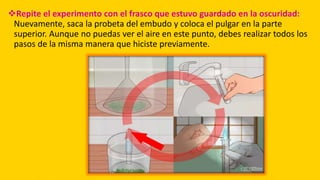 Repite el experimento con el frasco que estuvo guardado en la oscuridad:
Nuevamente, saca la probeta del embudo y coloca el pulgar en la parte
superior. Aunque no puedas ver el aire en este punto, debes realizar todos los
pasos de la misma manera que hiciste previamente.
 