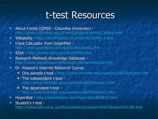 t-test Resources About t-tests (QMSS - Columbia University) -  http://www.columbia.edu/ccnmtl/projects/qmss/t_about.html   Wikipedia -  http://en.wikipedia.org/wiki/Student's_t-test   t-test Calculator from GraphPad -  http://www.graphpad.com/quickcalcs/ttest1.cfm   SISA -  http://home.clara.net/sisa/t-thlp.htm   Research Methods Knowledge Database -  http://www.socialresearchmethods.net/kb/statsimp.htm Dr. Wasson’s Internet Research Course One sample t-test -  http://www.mnstate.edu/wasson/ed602tsinglex.htm   The independent t-test -  http://www.mnstate.edu/wasson/ed602lesson11.htm The dependent t-test -  http://www.mnstate.edu/wasson/ed602lesson12.htm   HyperStat -  http://davidmlane.com/hyperstat/B58842.html   Student’s t-test -  http://helios.bto.ed.ac.uk/bto/statistics/tress4a.html#Student's%20t-test   