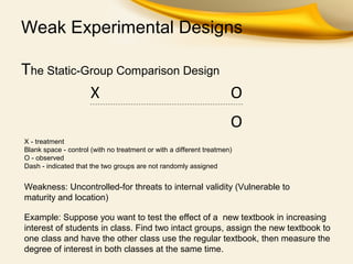 Weak Experimental Designs
The Static-Group Comparison Design
X O
O
Example: Suppose you want to test the effect of a new textbook in increasing
interest of students in class. Find two intact groups, assign the new textbook to
one class and have the other class use the regular textbook, then measure the
degree of interest in both classes at the same time.
Weakness: Uncontrolled-for threats to internal validity (Vulnerable to
maturity and location)
X - treatment
Blank space - control (with no treatment or with a different treatmen)
O - observed
Dash - indicated that the two groups are not randomly assigned
 