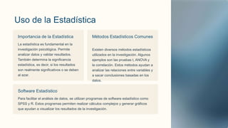 Uso de la Estadística
Importancia de la Estadística
La estadística es fundamental en la
investigación psicológica. Permite
analizar datos y validar resultados.
También determina la significancia
estadística, es decir, si los resultados
son realmente significativos o se deben
al azar.
Métodos Estadísticos Comunes
Existen diversos métodos estadísticos
utilizados en la investigación. Algunos
ejemplos son las pruebas t, ANOVA y
la correlación. Estos métodos ayudan a
analizar las relaciones entre variables y
a sacar conclusiones basadas en los
datos.
Software Estadístico
Para facilitar el análisis de datos, se utilizan programas de software estadístico como
SPSS y R. Estos programas permiten realizar cálculos complejos y generar gráficos
que ayudan a visualizar los resultados de la investigación.
 
