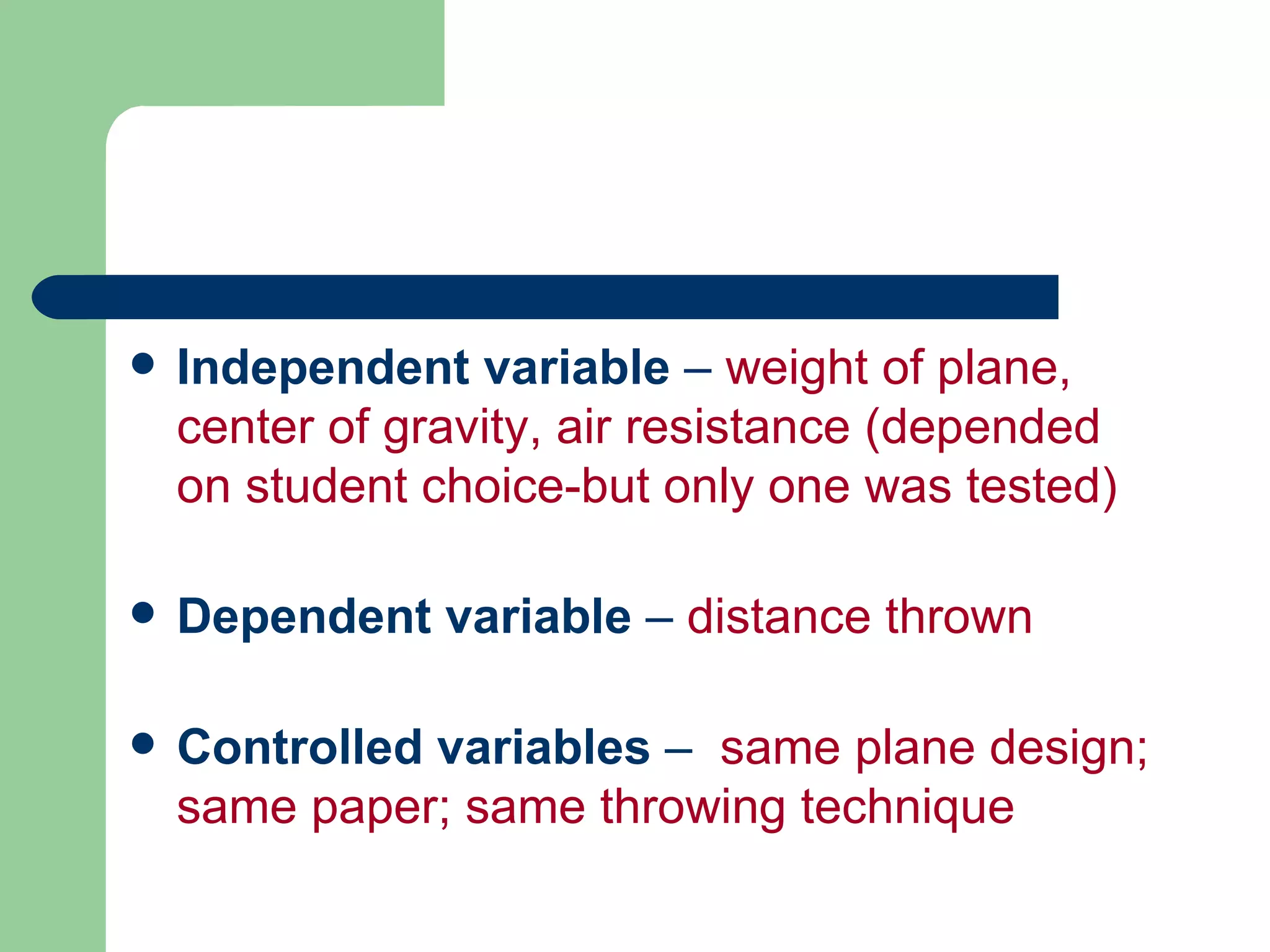 Independent variable  –  weight of plane, center of gravity, air resistance (depended on student choice-but only one was tested) Dependent variable  –  distance thrown Controlled variables  –  same plane design; same paper; same throwing technique 