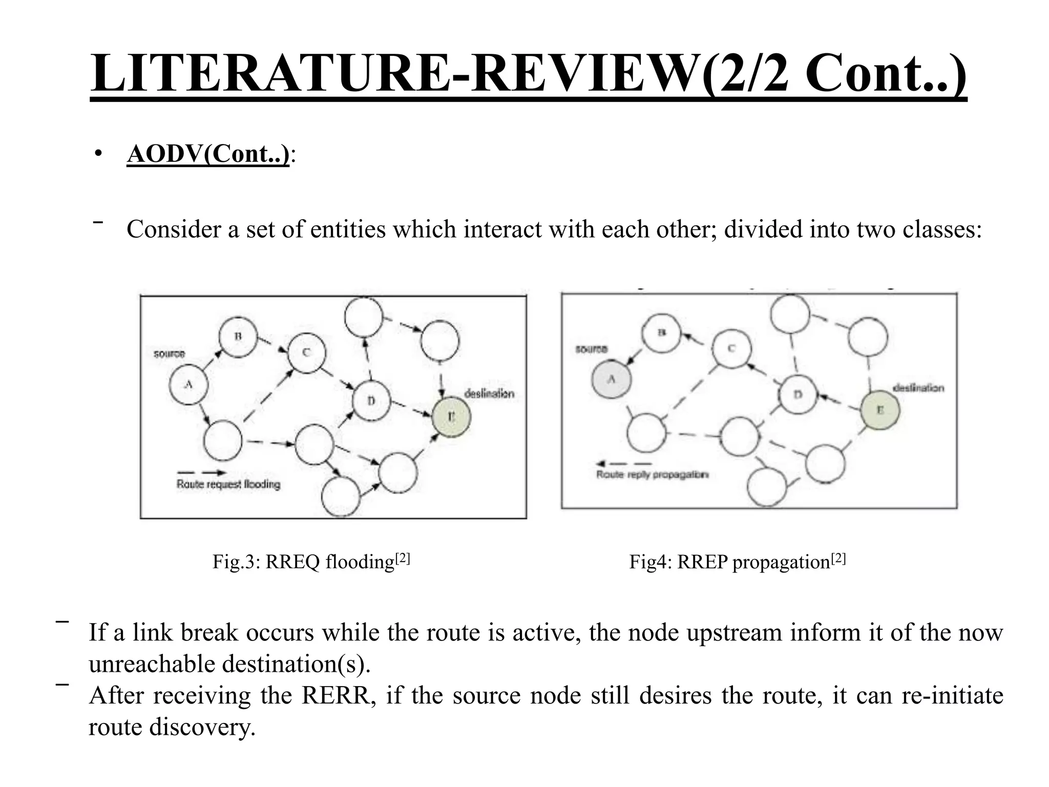 LITERATURE-REVIEW(2/2 Cont..) • AODV(Cont..): ‾ Consider a set of entities which interact with each other; divided into two classes: Fig.3: RREQ flooding[2] Fig4: RREP propagation[2] ‾ If a link break occurs while the route is active, the node upstream inform it of the now unreachable destination(s). ‾ After receiving the RERR, if the source node still desires the route, it can re-initiate route discovery. 
