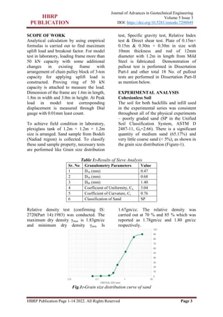 HBRP Publication Page 1-14 2022. All Rights Reserved Page 3
Journal of Advances in Geotechnical Engineering
Volume 5 Issue 3
DOI: https://doi.org/10.5281/zenodo.7298849
SCOPE OF WORK
Analytical calculation by using empirical
formulas is carried out to find maximum
uplift load and breakout factor. For model
test in laboratory, loading frame more than
50 kN capacity with some additional
changes in existing frame with
arrangement of chain pulley block of 3-ton
capacity for applying uplift load is
constructed. Proving ring of 50 kN
capacity is attached to measure the load.
Dimension of the frame are 1.6m in length,
1.8m in width and 3.0m in height. At Peak
load in model test corresponding
displacement is measured through Dial
gauge with 0.01mm least count.
To achieve field condition in laboratory,
plexiglass tank of 1.2m × 1.2m × 1.2m
size is arranged. Sand sample from Bodeli
(Nadiad region) is collected. To classify
these sand sample property, necessary tests
are performed like Grain size distribution
test, Specific gravity test, Relative Index
test & Direct shear test. Plate of 0.15m×
0.15m & 0.30m × 0.30m in size with
10mm thickness and rod of 12mm
diameter with 1.2m in length from Mild
Steel is fabricated. Demonstration of
pullout test is performed in Dissertation
Part-I and other total 18 No. of pullout
tests are performed in Dissertation Part-II
as mention below.
EXPERIMENTAL ANALYSIS
Cohesionless Soil
The soil for both backfills and infill used
in the experimental series was consistent
throughout all of the physical experiments
– poorly graded sand (SP in the Unified
Soil Classification System, ASTM D
2487-11, Gs=2.66). There is a significant
quantity of medium sand (65.17%) and
very little coarse sand (< 5%), as shown in
the grain size distribution (Figure-1).
Table 1:-Results of Sieve Analysis
Sr. No Granulometry Parameters Value
1 D10 (mm) 0.47
2 D30 (mm) 0.68
3 D60 (mm) 1.40
4 Coefficient of Uniformity, Cu 3.04
5 Coefficient of Curvature, Cc 0.76
6 Classification of Sand SP
Relative density test (confirming IS:
2720(Part 14):1983) was conducted. The
maximum dry density γmax is 1.83gm/cc
and minimum dry density γmin Is
1.67gm/cc. The relative density was
carried out at 70 % and 85 % which was
reported as 1.78gm/cc and 1.80 gm/cc
respectively.
Fig.1:-Grain size distribution curve of sand
 