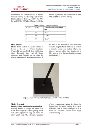 HBRP Publication Page 1-14 2022. All Rights Reserved Page 4
Journal of Advances in Geotechnical Engineering
Volume 5 Issue 3
DOI: https://doi.org/10.5281/zenodo.7298849
Direct shear test also carried out at the two
relative density and the angle of internal
friction (ϕ) was derived, 37.15 ° for 70%
Rd. and 40° for 85 % Rd. (Table-2). All the
pullout experiment was conducted at both
70 % and 85 % relative density.
Table 2:-Direct shear test results
Sr. No. % Rd Angle of Internal Friction
(ϕ)
1 35 34.22°
2 60 42.09°
3 80 45.62°
Plate Anchor
Model Plate anchor of square shape of
0.15m x 0.15m of 15mm thickness
(Figure-2) was modeled from mild steep
plate. Threaded Steel rod of 10mm
diameter was fastened to the plate by
bolting arrangement. Here the thickness of
the plate is not reduced to scale model to
consider magnitude of stiffness of anchor
as infinite. More over friction offered by
sides of anchor plate (i.e., thickness) is
fully ignored in to the contribution towards
uplift capacity.
Fig.2:-Model Square anchor plate (0.15m x 0.15m x 0.015m)
Model Test tank
Loading frame and Loading mechanism
Loading Frame is design for more than
50kN load capacity. Chain pulley block
with 3ton capacity is hang on frame for
apply uplift load. The schematic diagram
of the experimental set-up is shown in
figure-2 and the actual loading device and
plaxiglass tank is shown in Figure 3. It is
made of C-channel section with angle
section bracing.
 