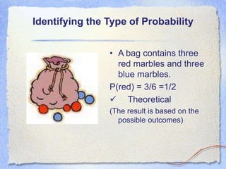 Identifying the Type of Probability
• A bag contains three
red marbles and three
blue marbles.
P(red) = 3/6 =1/2
 Theoretical
(The result is based on the
possible outcomes)
 