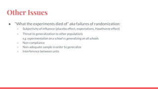 Other Issues
● “What the experiments died of” aka failures of randomization:
○ Subjectivity of influence (placebo effect, expectations, Hawthorne effect)
○ Threat to generalization to other populations
e.g. experimentation on a school vs generalizing on all schools
○ Non-compliance
○ Non-adequate sample in order to generalize
○ Interference between units
 