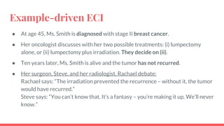 Example-driven ECI
● At age 45, Ms. Smith is diagnosed with stage II breast cancer.
● Her oncologist discusses with her two possible treatments: (i) lumpectomy
alone, or (ii) lumpectomy plus irradiation. They decide on (ii).
● Ten years later, Ms. Smith is alive and the tumor has not recurred.
● Her surgeon, Steve, and her radiologist, Rachael debate:
Rachael says: “The irradiation prevented the recurrence – without it, the tumor
would have recurred.”
Steve says: “You can’t know that. It’s a fantasy – you’re making it up. We’ll never
know.”
 