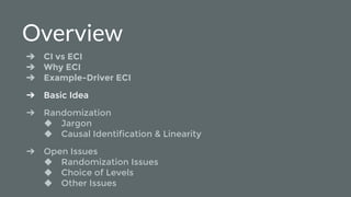Overview
➔ CI vs ECI
➔ Why ECI
➔ Example-Driver ECI
➔ Basic Idea
➔ Randomization
◆ Jargon
◆ Causal Identification & Linearity
➔ Open Issues
◆ Randomization Issues
◆ Choice of Levels
◆ Other Issues
 