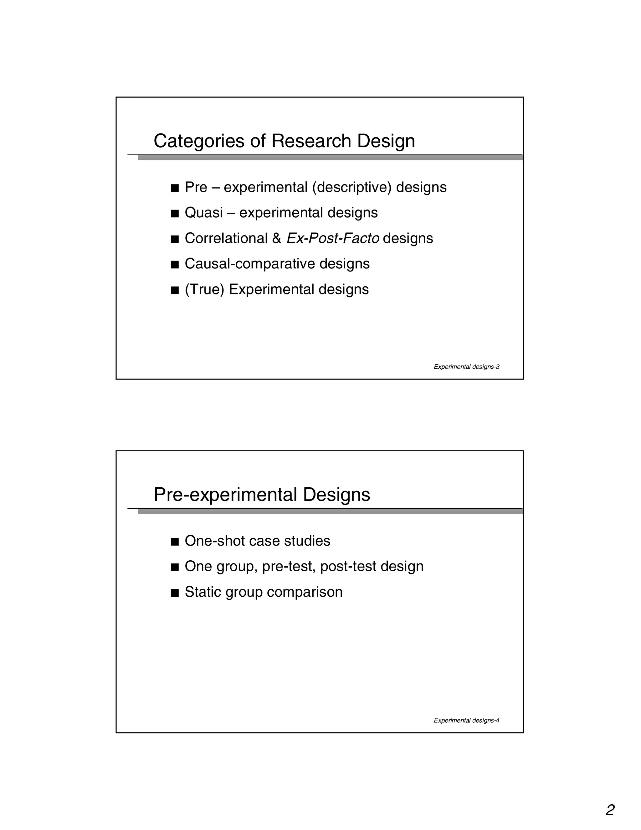 2 
Experimental designs-3 
Categories of Research Design 
■ Pre – experimental (descriptive) designs 
■ Quasi – experimental designs 
■ Correlational & Ex-Post-Facto designs 
■ Causal-comparative designs 
■ (True) Experimental designs 
Experimental designs-4 
Pre-experimental Designs 
■ One-shot case studies 
■ One group, pre-test, post-test design 
■ Static group comparison 
 