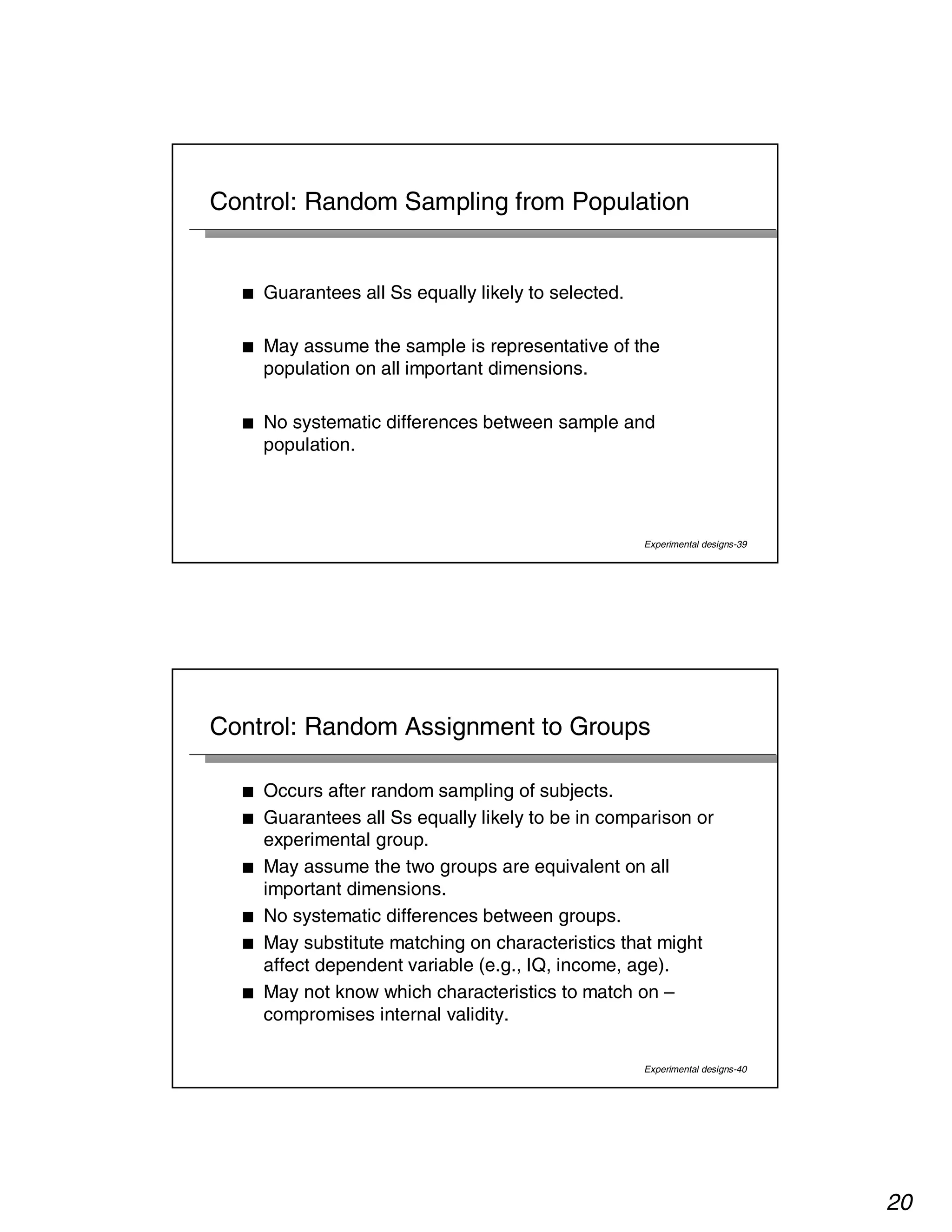 20 
Control: Random Sampling from Population 
Experimental designs-39 
■ Guarantees all Ss equally likely to selected. 
■ May assume the sample is representative of the 
population on all important dimensions. 
■ No systematic differences between sample and 
population. 
Control: Random Assignment to Groups 
■ Occurs after random sampling of subjects. 
■ Guarantees all Ss equally likely to be in comparison or 
experimental group. 
■ May assume the two groups are equivalent on all 
important dimensions. 
■ No systematic differences between groups. 
■ May substitute matching on characteristics that might 
affect dependent variable (e.g., IQ, income, age). 
■ May not know which characteristics to match on – 
compromises internal validity. 
Experimental designs-40 
 