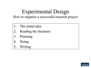 Experimental Design
How to organise a successful research project
1. The initial idea
2. Reading the literature
3. Planning
4. Doing
5. Writing
 