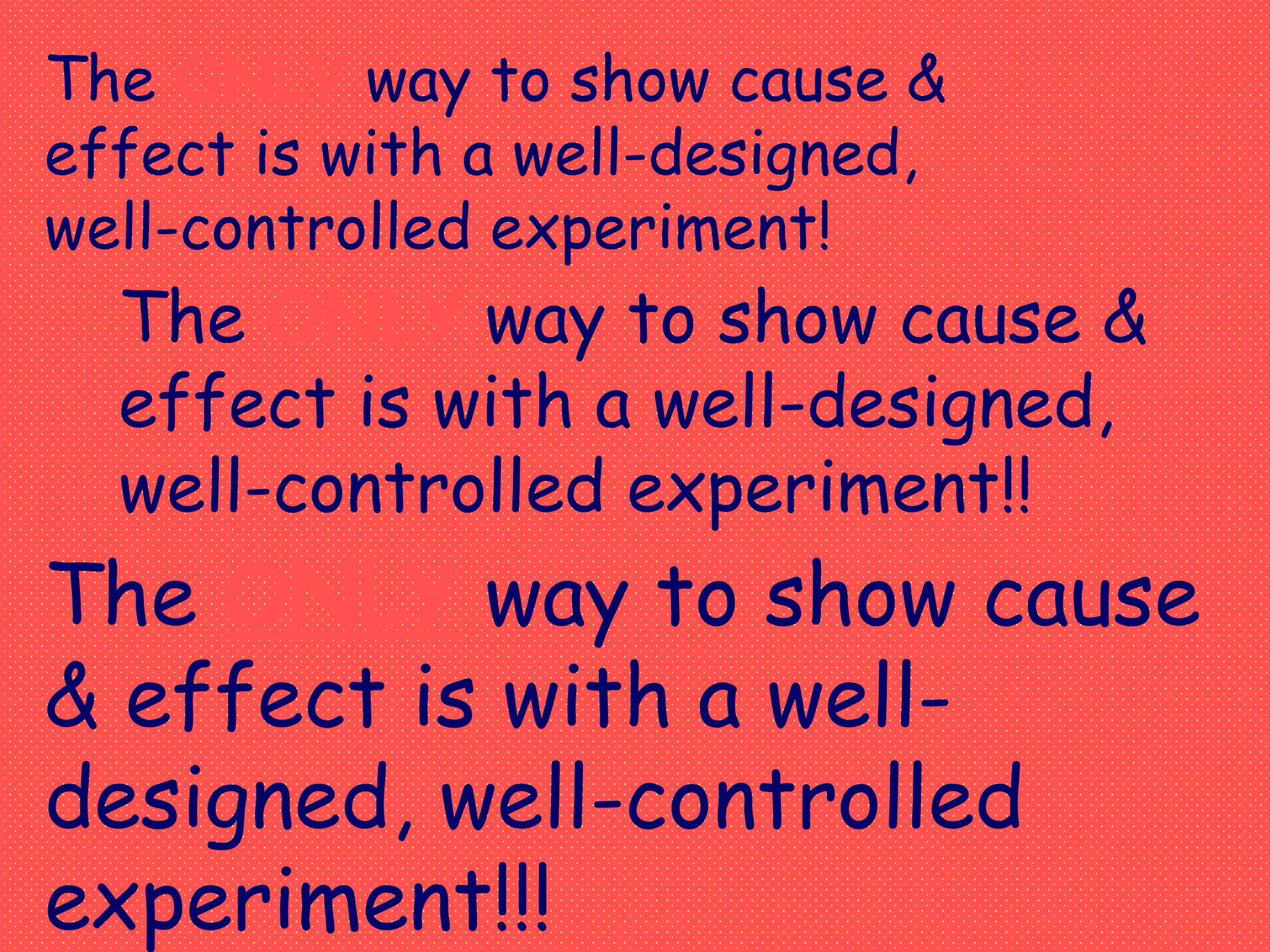 The ONLY way to show cause &
effect is with a well-designed,
well-controlled experiment!
The ONLY way to show cause &
effect is with a well-designed,
well-controlled experiment!!
The ONLY way to show cause
& effect is with a well-
designed, well-controlled
experiment!!!
 