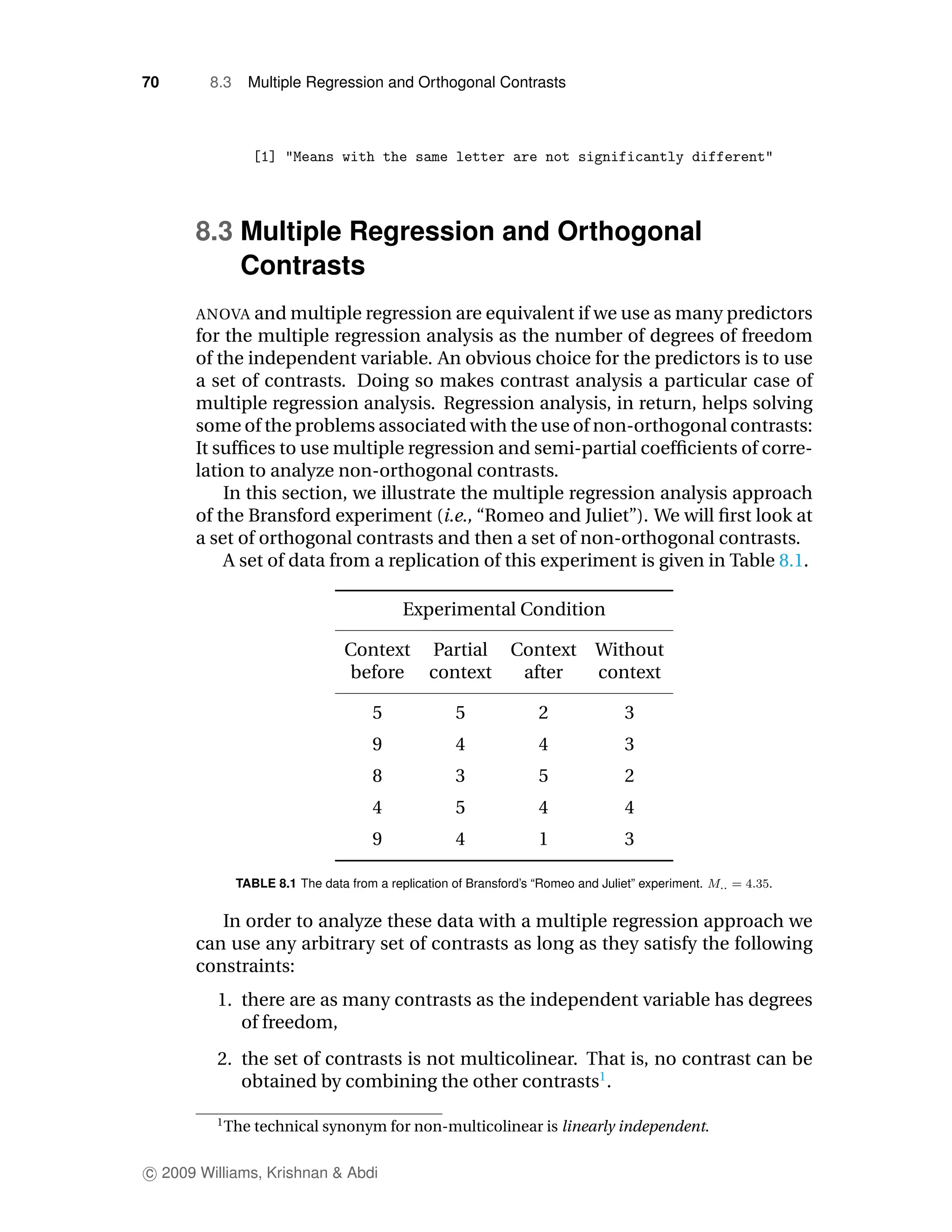 70      8.3     Multiple Regression and Orthogonal Contrasts




      8.3 Multiple Regression and Orthogonal
          Contrasts
      ANOVA and multiple regression are equivalent if we use as many predictors
      for the multiple regression analysis as the number of degrees of freedom
      of the independent variable. An obvious choice for the predictors is to use
      a set of contrasts. Doing so makes contrast analysis a particular case of
      multiple regression analysis. Regression analysis, in return, helps solving
      some of the problems associated with the use of non-orthogonal contrasts:
      It sufﬁces to use multiple regression and semi-partial coefﬁcients of corre-
      lation to analyze non-orthogonal contrasts.
          In this section, we illustrate the multiple regression analysis approach
      of the Bransford experiment (i.e., “Romeo and Juliet”). We will ﬁrst look at
      a set of orthogonal contrasts and then a set of non-orthogonal contrasts.
          A set of data from a replication of this experiment is given in Table 8.1.

                                           Experimental Condition

                                 Context Partial              Context        Without
                                 before context                after         context

                                      5              5             2               3
                                      9              4             4               3
                                      8              3             5               2
                                      4              5             4               4
                                      9              4             1               3

              TABLE 8.1 The data from a replication of Bransford’s “Romeo and Juliet” experiment.   .


         In order to analyze these data with a multiple regression approach we
      can use any arbitrary set of contrasts as long as they satisfy the following
      constraints:
         1. there are as many contrasts as the independent variable has degrees
            of freedom,
         2. the set of contrasts is not multicolinear. That is, no contrast can be
            obtained by combining the other contrasts1 .

         1
             The technical synonym for non-multicolinear is linearly independent.

c 2009 Williams, Krishnan & Abdi
 