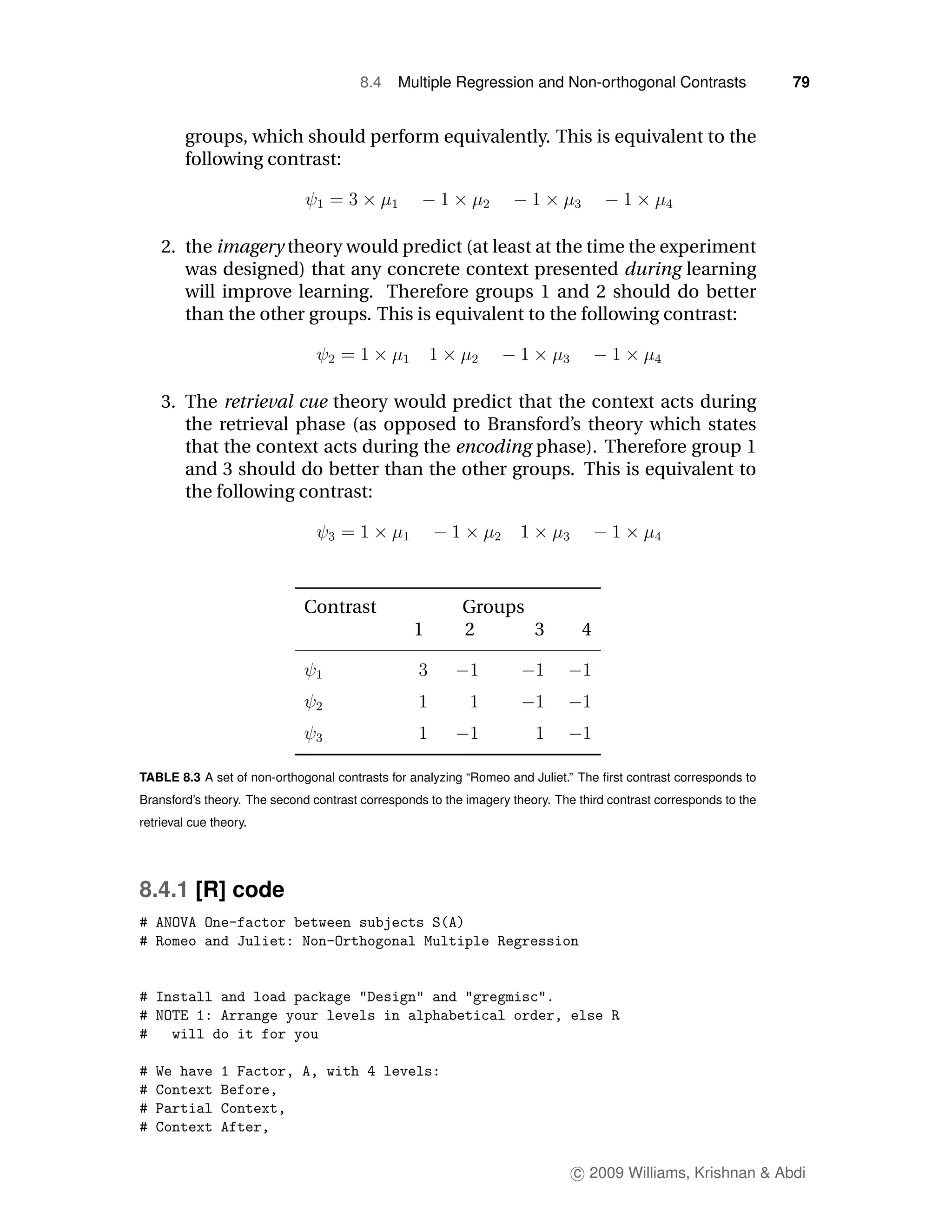 8.4   Multiple Regression and Non-orthogonal Contrasts                     79


        groups, which should perform equivalently. This is equivalent to the
        following contrast:



    2. the imagery theory would predict (at least at the time the experiment
       was designed) that any concrete context presented during learning
       will improve learning. Therefore groups 1 and 2 should do better
       than the other groups. This is equivalent to the following contrast:



    3. The retrieval cue theory would predict that the context acts during
       the retrieval phase (as opposed to Bransford’s theory which states
       that the context acts during the encoding phase). Therefore group 1
       and 3 should do better than the other groups. This is equivalent to
       the following contrast:




                             Contrast                     Groups
                                                 1        2      3              4




TABLE 8.3 A set of non-orthogonal contrasts for analyzing “Romeo and Juliet.” The ﬁrst contrast corresponds to
Bransford’s theory. The second contrast corresponds to the imagery theory. The third contrast corresponds to the
retrieval cue theory.




8.4.1 [R] code




                                                                              c 2009 Williams, Krishnan & Abdi
 