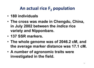 180 individuals
The cross was made in Chengdu, China,
in July 2002 between the indica rice
variety and Nipponbare.
137 SSR markers.
The whole genome was of 2046.2 cM, and
the average marker distance was 17.1 cM.
A number of agronomic traits were
investigated in the field.
 