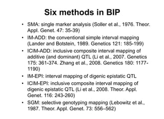 Six methods in BIP
SMA: single marker analysis (Soller et al., 1976. Theor.
Appl. Genet. 47: 35-39)
IM-ADD: the conventional simple interval mapping
(Lander and Botstein, 1989. Genetics 121: 185-199)
ICIM-ADD: inclusive composite interval mapping of
additive (and dominant) QTL (Li et al., 2007. Genetics
175: 361-374. Zhang et al., 2008. Genetics 180: 1177-
1190)
IM-EPI: interval mapping of digenic epistatic QTL
ICIM-EPI: inclusive composite interval mapping of
digenic epistatic QTL (Li et al., 2008. Theor. Appl.
Genet. 116: 243-260)
SGM: selective genotyping mapping (Lebowitz et al.,
1987. Theor. Appl. Genet. 73: 556 562)
 