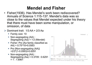 Mendel and Fisher
Annuals of Science 1:115-
close to the values that Mendel expected under his theory
that there must have been some manipulation, or
omission, of data
Dominant trait: 1/3 AA + 2/3 Aa
  Family size: 10
  Non-segregating (AA) :
  Segregating (Aa) = 1:2 (Mendel)
  Fisher: Pro {Aa family classified as
  AA} = 0.75^10=0.0563
  Pro {Non-segregating (AA)}
  =2/3*(1-0.0563)=0.6291
  Non-segregating (AA) :
  Segregating (Aa) = 0.3709 : 0.6291
  = 1 : 1.6961                                         13
 