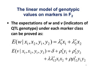 The linear model of genotypic
     values on markers in F2




E(w | x1 , x2 , y1 , y2 )          x
                                 1 1      2 2 x
E (v | x1 , x2 , y1 , y2 )       1 1  y   2   y2
                              xx
                             12 1 2           yy
                                          12 1 2
 