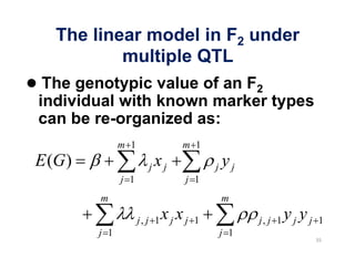 The linear model in F2 under
           multiple QTL
 The genotypic value of an F2
individual with known marker types
can be re-organized as:
               m 1               m 1
E (G )                  j   xj           j   yj
               j 1               j 1
         m                                   m

                     j, j 1   xjxj   1             j, j 1   yj yj   1
         j 1                                 j 1
 