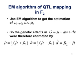 EM algorithm of QTL mapping
            in F2
Use EM algorithm to get the estimation
of 1 , 2 and 3

So the genetic effects in G                  aw dv
were therefore estimated by
 1                     1
 2   (   1   3   ) a   2   (   1   3   ) d    2
 