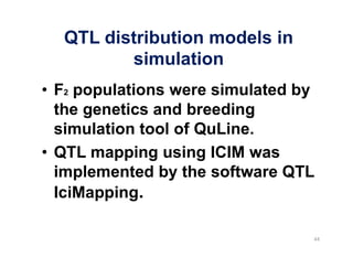 QTL distribution models in
        simulation
F2 populations were simulated by
the genetics and breeding
simulation tool of QuLine.
QTL mapping using ICIM was
implemented by the software QTL
IciMapping.
 