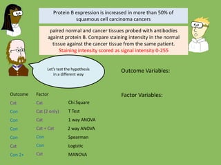 Chi Square
T Test
1 way ANOVA
Spearman
Logistic
MANOVA
Outcome Factor
Cat Cat
Cat (2 only)
Cat
Cat
Cat
Con
Con
2 way ANOVACon
Con Con
Con
Con 2+
Protein B expression is increased in more than 50% of
squamous cell carcinoma cancers
paired normal and cancer tissues probed with antibodies
against protein B. Compare staining intensity in the normal
tissue against the cancer tissue from the same patient.
Staining intensity scored as signal intensity 0-255
Let’s test the hypothesis
in a different way
Outcome Variables:
Factor Variables:
Cat + Cat
 