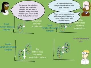 Big
Differences
between
populations
Small
ariation between
samples
Small
variation between
samples
Smaller
Differences
between
populations
The sample size calculator
will tell you how many
samples you will need to
decrease your p value and
increase your power to the
limits that you have chosen
Big
Differences
between
population means
Larger
variation between
samples
Increased sample
size
The effect of increasing
sample size decreases with
each addition.
There comes a point where
adding samples is a waste of
time, effort, money and
ethically wrong
 