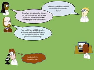 Where do the effect size and
variation numbers come
from?
Look at all this
juicy pilot data
You could have a 1000 samples
and see a really small difference
but it might not matter in the
grand scheme of things
The effect size should be chosen
not just on what you will be able
to see but also based on real-
world importance of the effect
 
