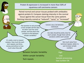 Paired normal and cancer tissues probed with antibodies
against protein B. Compare staining intensity in the normal
tissue against the cancer tissue from the same patient.
Staining intensity scored as “reduced”, “same” or “increased”
Protein B expression is increased in more than 50% of
squamous cell carcinoma cancers
The question to ask yourself
is how variable will the data
be when I test the same
sample, and how does that
compare to the between
sample variability?
Cancers vary a lot between
individuals
Our data should be pretty clear for
each sample, though there will be
variations within each sample
It’s really a cost vs reward
analysis. How much do each
tech repeats cost (time,
money and ethics) vs how
much value they add
Between Samples Variability
Within sample Variability
High
Low
Tech repeats Sample processing:
low number OK
Not much value from
technical repeats, better to
just increase sample
numbers
 