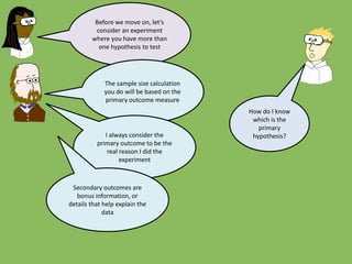Before we move on, let’s
consider an experiment
where you have more than
one hypothesis to test
The sample size calculation
you do will be based on the
primary outcome measure
I always consider the
primary outcome to be the
real reason I did the
experiment
How do I know
which is the
primary
hypothesis?
Secondary outcomes are
bonus information, or
details that help explain the
data
 
