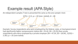Example result (APA Style)
An independent samples T-test is presented the same as the one-sample t-test:
                             t(75) = 2.11, p = .02 (one –tailed), d = .48


           Degrees of
           freedom      Value of
                        statistic                      Include if test is   Effect size if
                                     Significance of   one-tailed           available
                                     statistic


Example: Survey respondents who were employed by the federal, state, or local government
had significantly higher socioeconomic indices (M = 55.42, SD = 19.25) than survey
respondents who were employed by a private employer (M = 47.54, SD = 18.94) , t(255) =
2.363, p = .01 (one-tailed).
 