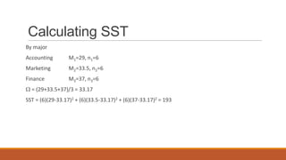 Calculating SST
By major
Accounting        M1=29, n1=6
Marketing         M2=33.5, n2=6
Finance           M3=37, n3=6
  = (29+33.5+37)/3 = 33.17
SST = (6)(29-33.17)2 + (6)(33.5-33.17)2 + (6)(37-33.17)2 = 193
 