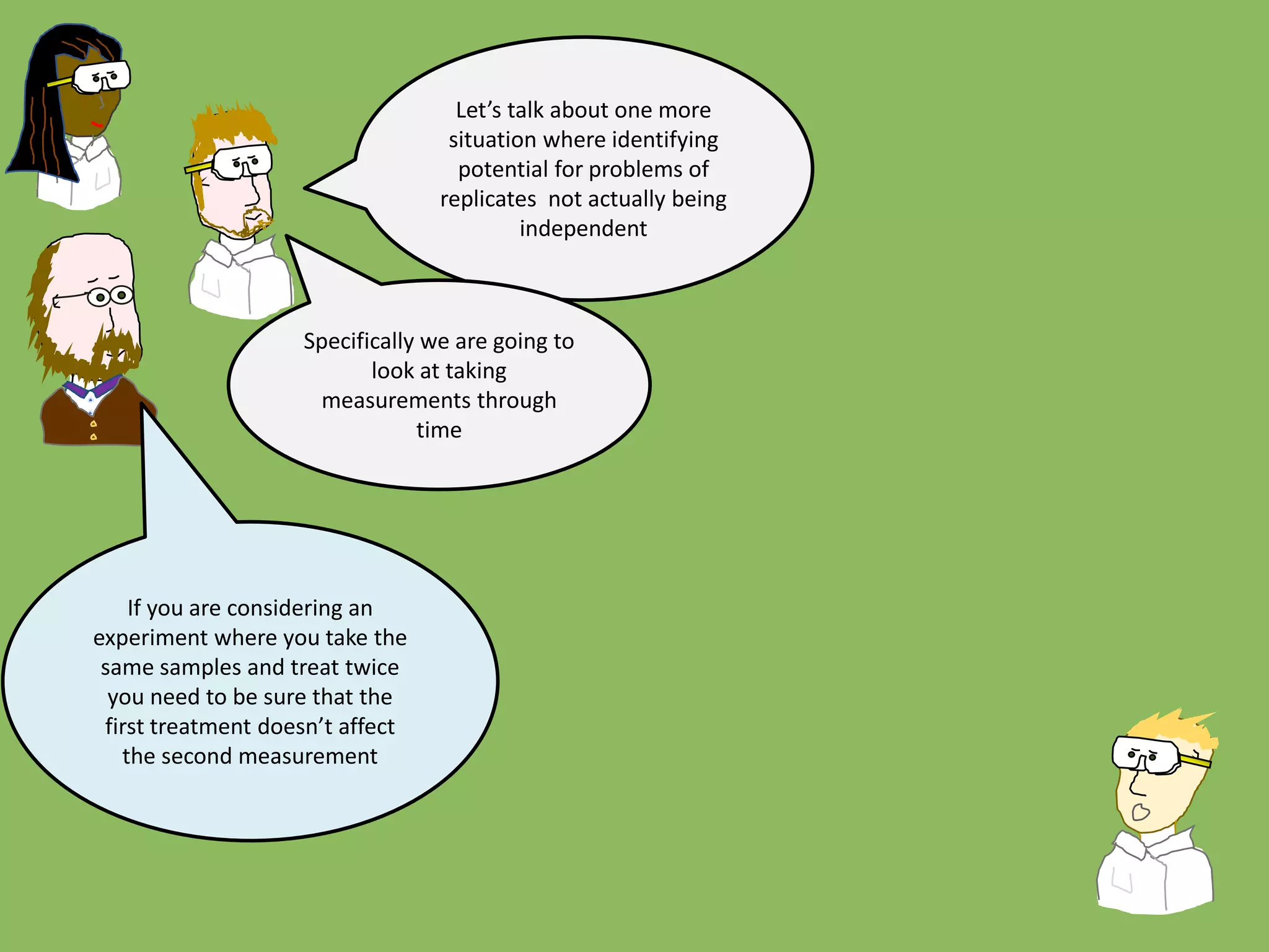 Let’s talk about one more
situation where identifying
potential for problems of
replicates not actually being
independent
Specifically we are going to
look at taking
measurements through
time
If you are considering an
experiment where you take the
same samples and treat twice
you need to be sure that the
first treatment doesn’t affect
the second measurement
 