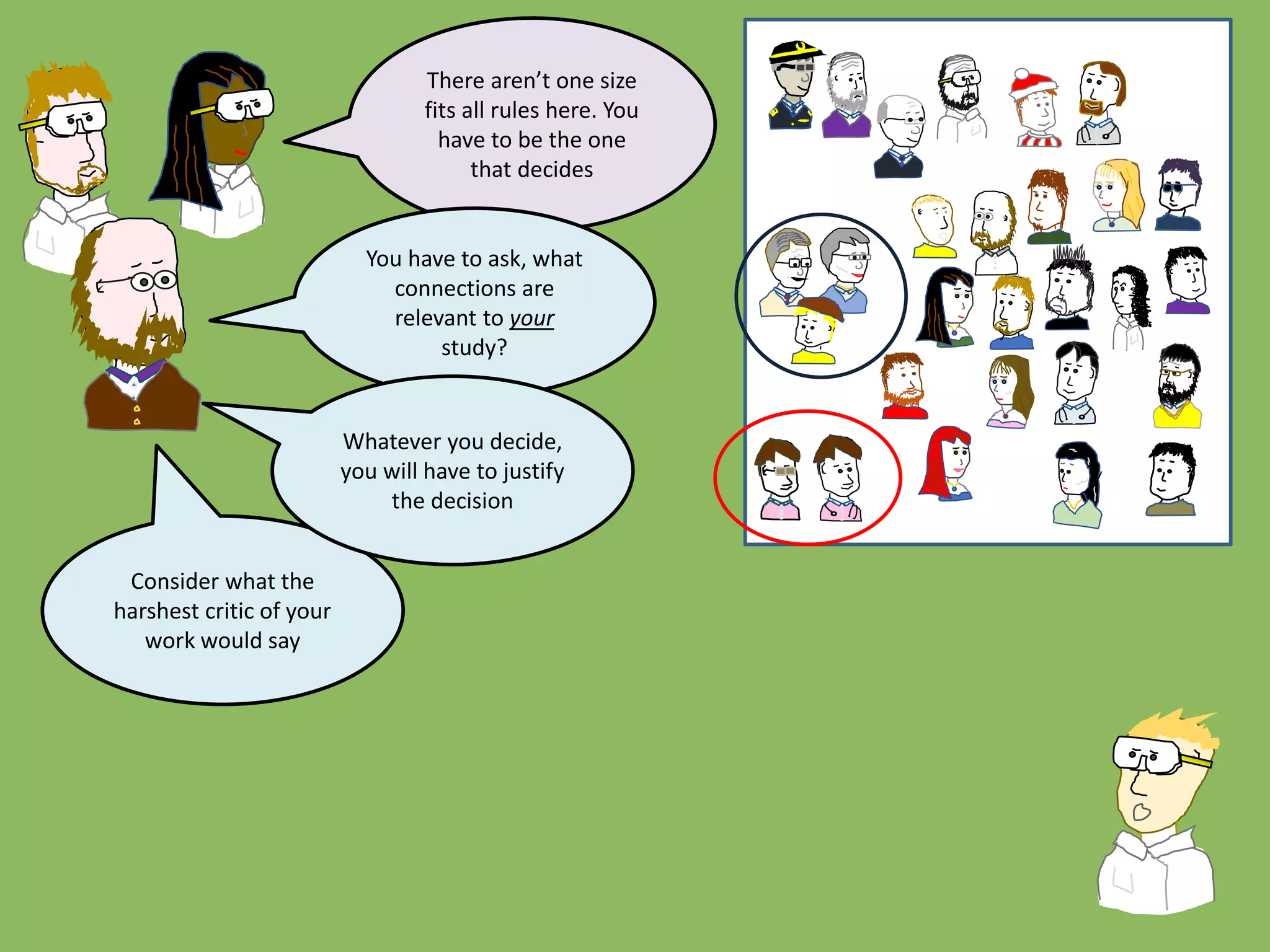 There aren’t one size
fits all rules here. You
have to be the one
that decides
Consider what the
harshest critic of your
work would say
You have to ask, what
connections are
relevant to your
study?
Whatever you decide,
you will have to justify
the decision
 