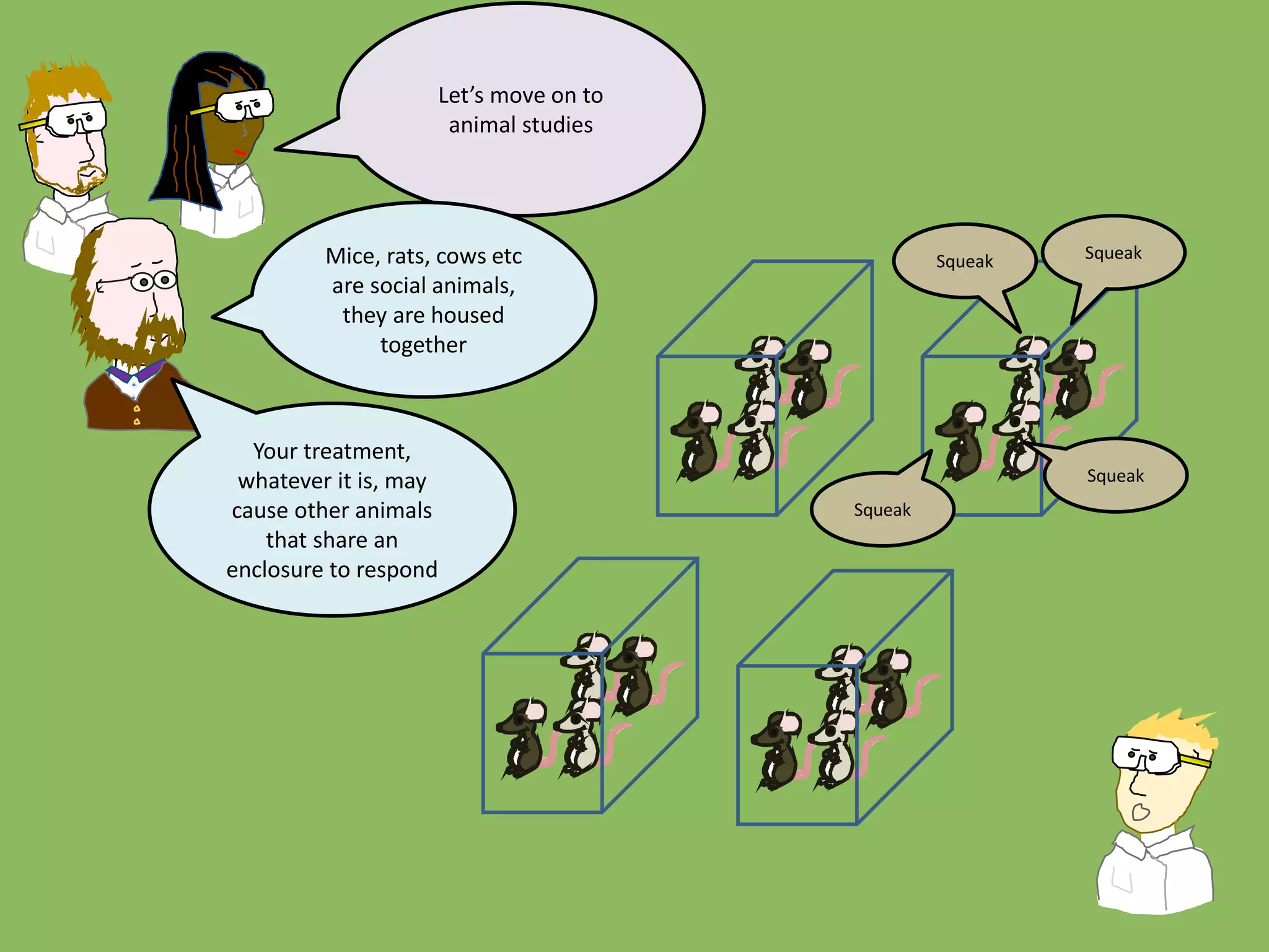 Let’s move on to
animal studies
Mice, rats, cows etc
are social animals,
they are housed
together
Your treatment,
whatever it is, may
cause other animals
that share an
enclosure to respond
Squeak Squeak
Squeak
Squeak
 