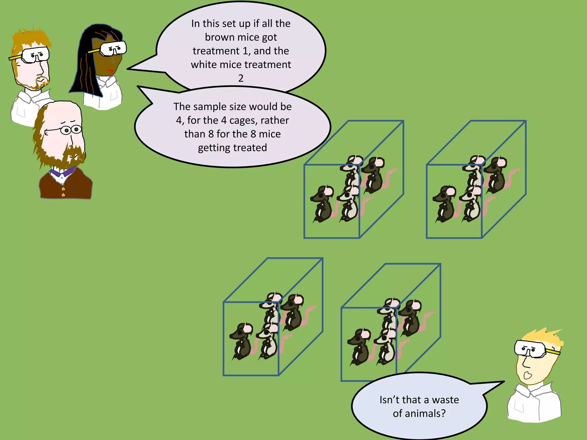 In this set up if all the
brown mice got
treatment 1, and the
white mice treatment
2
The sample size would be
4, for the 4 cages, rather
than 8 for the 8 mice
getting treated
Isn’t that a waste
of animals?
 