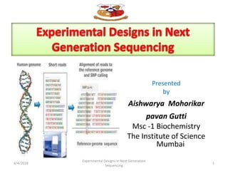 Presented by
Aishwarya Mohorikar
Pawan Gutti
Msc -1 Biochemistry
The Institute of Science Mumbai
Presented by
Presented
by
Aishwarya Mohorikar
pavan Gutti
Msc -1 Biochemistry
The Institute of Science
Mumbai
4/4/2018 1
Experimental Designs in Next Generation
Sequencing
 