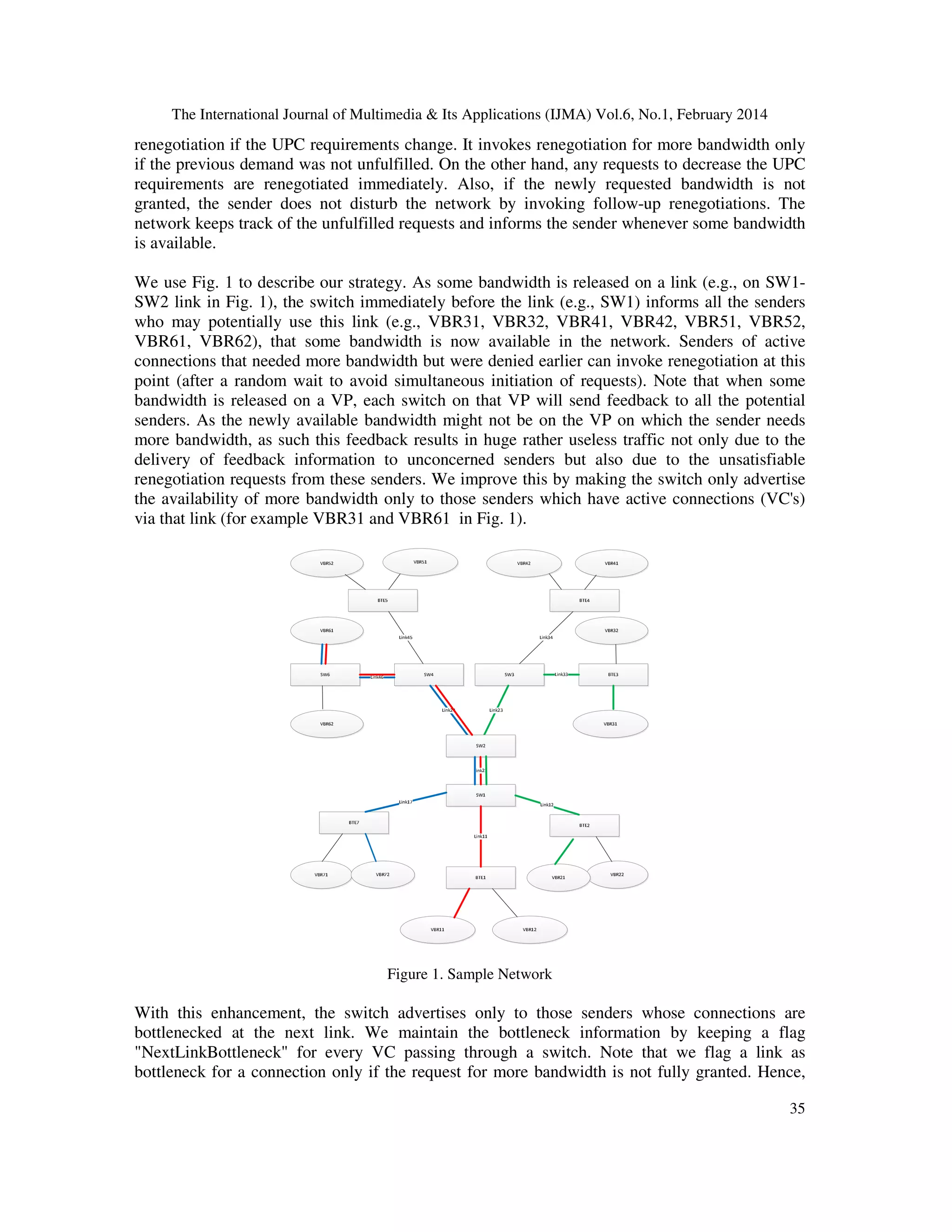 The International Journal of Multimedia & Its Applications (IJMA) Vol.6, No.1, February 2014
35
renegotiation if the UPC requirements change. It invokes renegotiation for more bandwidth only
if the previous demand was not unfulfilled. On the other hand, any requests to decrease the UPC
requirements are renegotiated immediately. Also, if the newly requested bandwidth is not
granted, the sender does not disturb the network by invoking follow-up renegotiations. The
network keeps track of the unfulfilled requests and informs the sender whenever some bandwidth
is available.
We use Fig. 1 to describe our strategy. As some bandwidth is released on a link (e.g., on SW1-
SW2 link in Fig. 1), the switch immediately before the link (e.g., SW1) informs all the senders
who may potentially use this link (e.g., VBR31, VBR32, VBR41, VBR42, VBR51, VBR52,
VBR61, VBR62), that some bandwidth is now available in the network. Senders of active
connections that needed more bandwidth but were denied earlier can invoke renegotiation at this
point (after a random wait to avoid simultaneous initiation of requests). Note that when some
bandwidth is released on a VP, each switch on that VP will send feedback to all the potential
senders. As the newly available bandwidth might not be on the VP on which the sender needs
more bandwidth, as such this feedback results in huge rather useless traffic not only due to the
delivery of feedback information to unconcerned senders but also due to the unsatisfiable
renegotiation requests from these senders. We improve this by making the switch only advertise
the availability of more bandwidth only to those senders which have active connections (VC's)
via that link (for example VBR31 and VBR61 in Fig. 1).
Figure 1. Sample Network
With this enhancement, the switch advertises only to those senders whose connections are
bottlenecked at the next link. We maintain the bottleneck information by keeping a flag
"NextLinkBottleneck" for every VC passing through a switch. Note that we flag a link as
bottleneck for a connection only if the request for more bandwidth is not fully granted. Hence,
 
