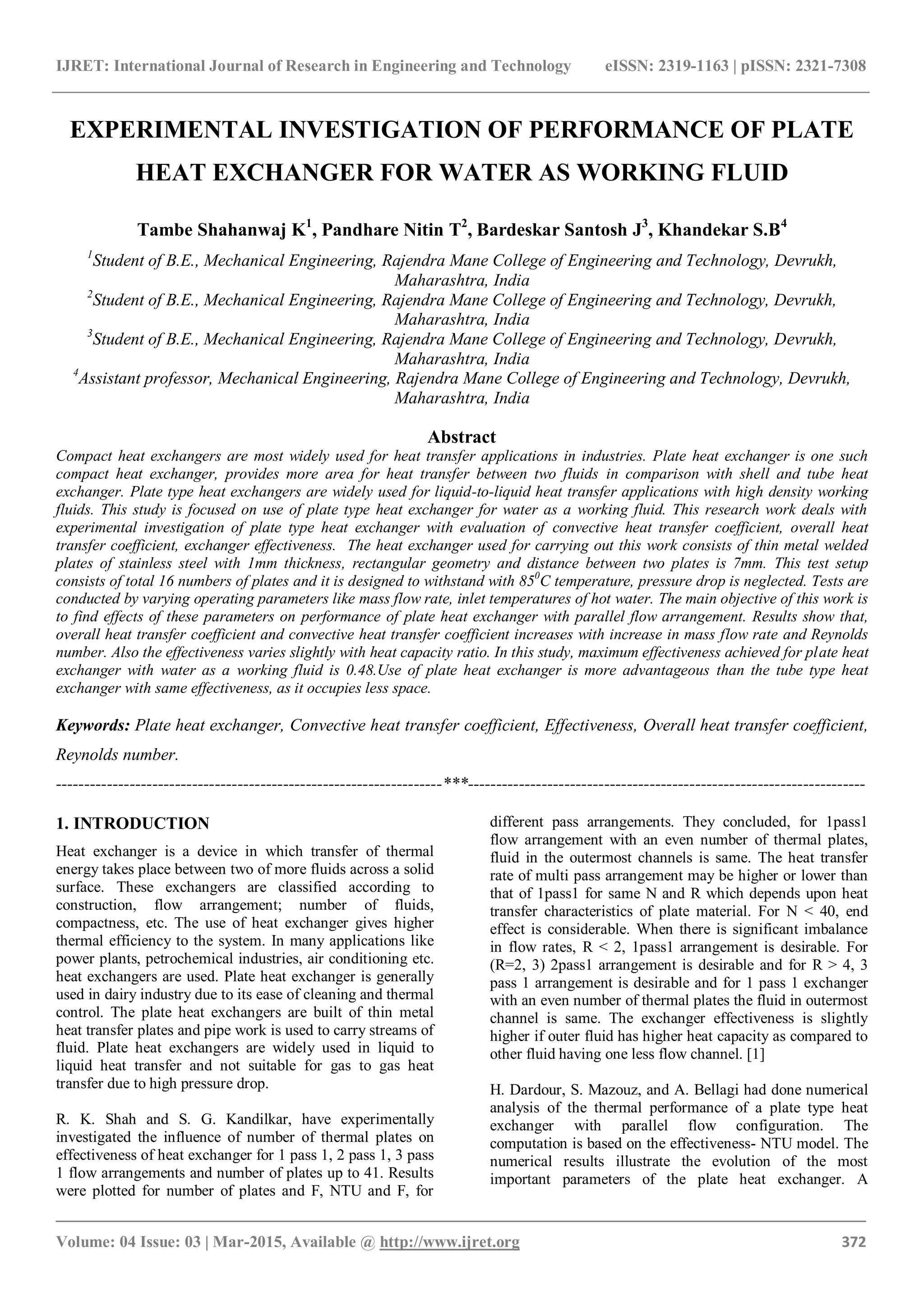 Experimental investigation of performance of plate heat exchanger for ...