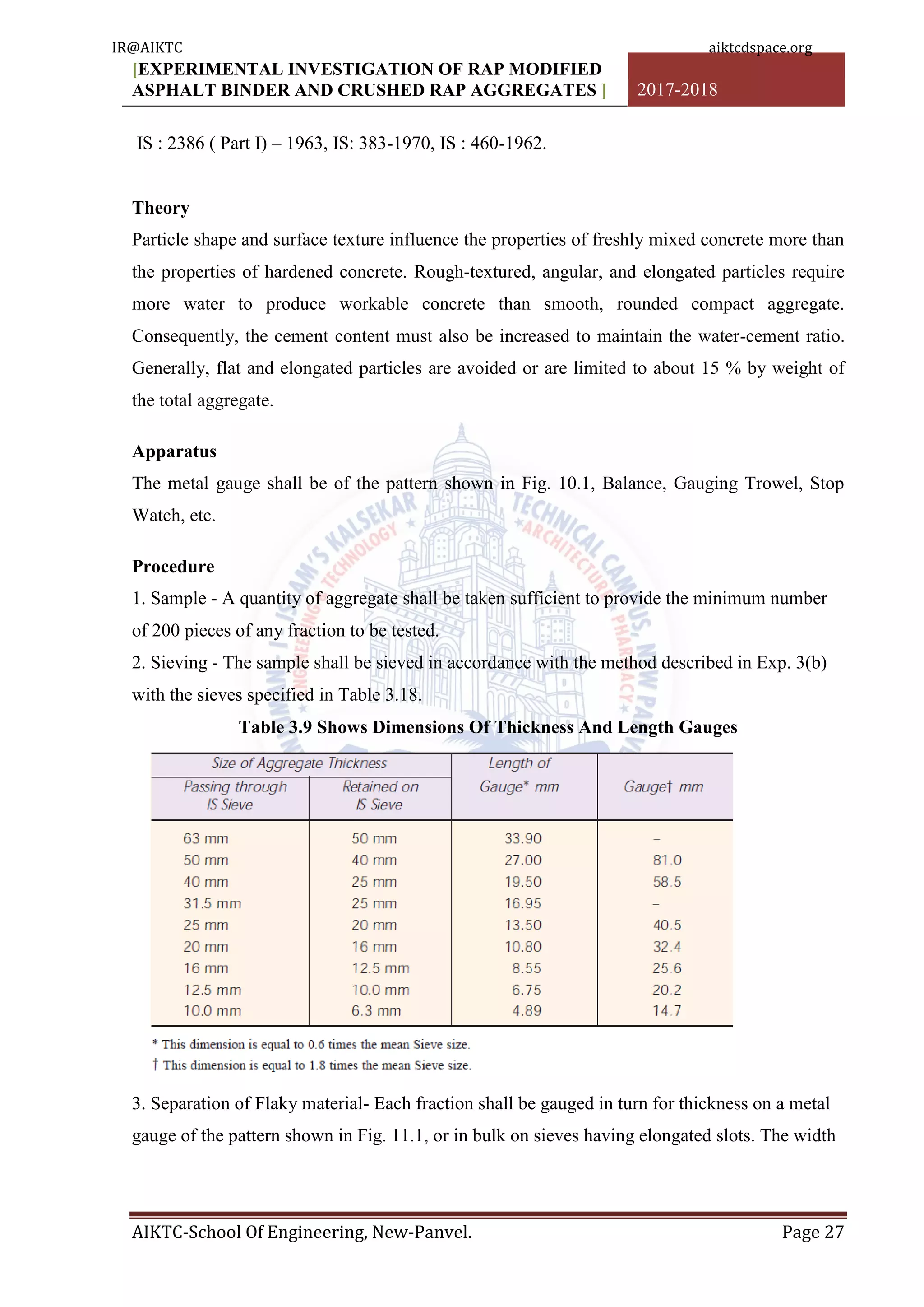[EXPERIMENTAL INVESTIGATION OF RAP MODIFIED
ASPHALT BINDER AND CRUSHED RAP AGGREGATES ] 2017-2018
AIKTC-School Of Engineering, New-Panvel. Page 27
IS : 2386 ( Part I) – 1963, IS: 383-1970, IS : 460-1962.
Theory
Particle shape and surface texture influence the properties of freshly mixed concrete more than
the properties of hardened concrete. Rough-textured, angular, and elongated particles require
more water to produce workable concrete than smooth, rounded compact aggregate.
Consequently, the cement content must also be increased to maintain the water-cement ratio.
Generally, flat and elongated particles are avoided or are limited to about 15 % by weight of
the total aggregate.
Apparatus
The metal gauge shall be of the pattern shown in Fig. 10.1, Balance, Gauging Trowel, Stop
Watch, etc.
Procedure
1. Sample - A quantity of aggregate shall be taken sufficient to provide the minimum number
of 200 pieces of any fraction to be tested.
2. Sieving - The sample shall be sieved in accordance with the method described in Exp. 3(b)
with the sieves specified in Table 3.18.
Table 3.9 Shows Dimensions Of Thickness And Length Gauges
3. Separation of Flaky material- Each fraction shall be gauged in turn for thickness on a metal
gauge of the pattern shown in Fig. 11.1, or in bulk on sieves having elongated slots. The width
IR@AIKTC aiktcdspace.org
 