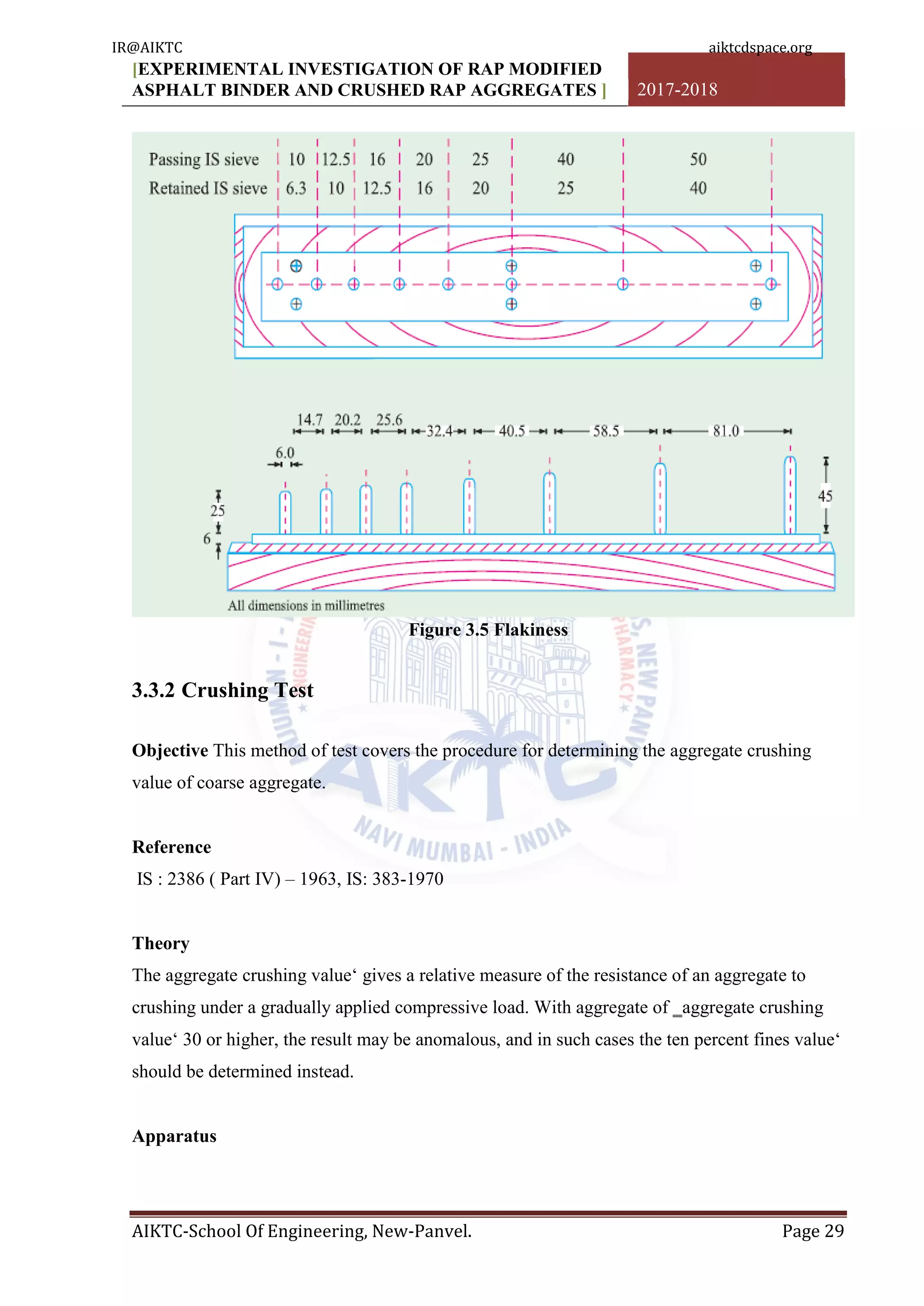 [EXPERIMENTAL INVESTIGATION OF RAP MODIFIED
ASPHALT BINDER AND CRUSHED RAP AGGREGATES ] 2017-2018
AIKTC-School Of Engineering, New-Panvel. Page 29
Figure 3.5 Flakiness
3.3.2 Crushing Test
Objective This method of test covers the procedure for determining the aggregate crushing
value of coarse aggregate.
Reference
IS : 2386 ( Part IV) – 1963, IS: 383-1970
Theory
The aggregate crushing value„ gives a relative measure of the resistance of an aggregate to
crushing under a gradually applied compressive load. With aggregate of ‗aggregate crushing
value„ 30 or higher, the result may be anomalous, and in such cases the ten percent fines value„
should be determined instead.
Apparatus
IR@AIKTC aiktcdspace.org
 