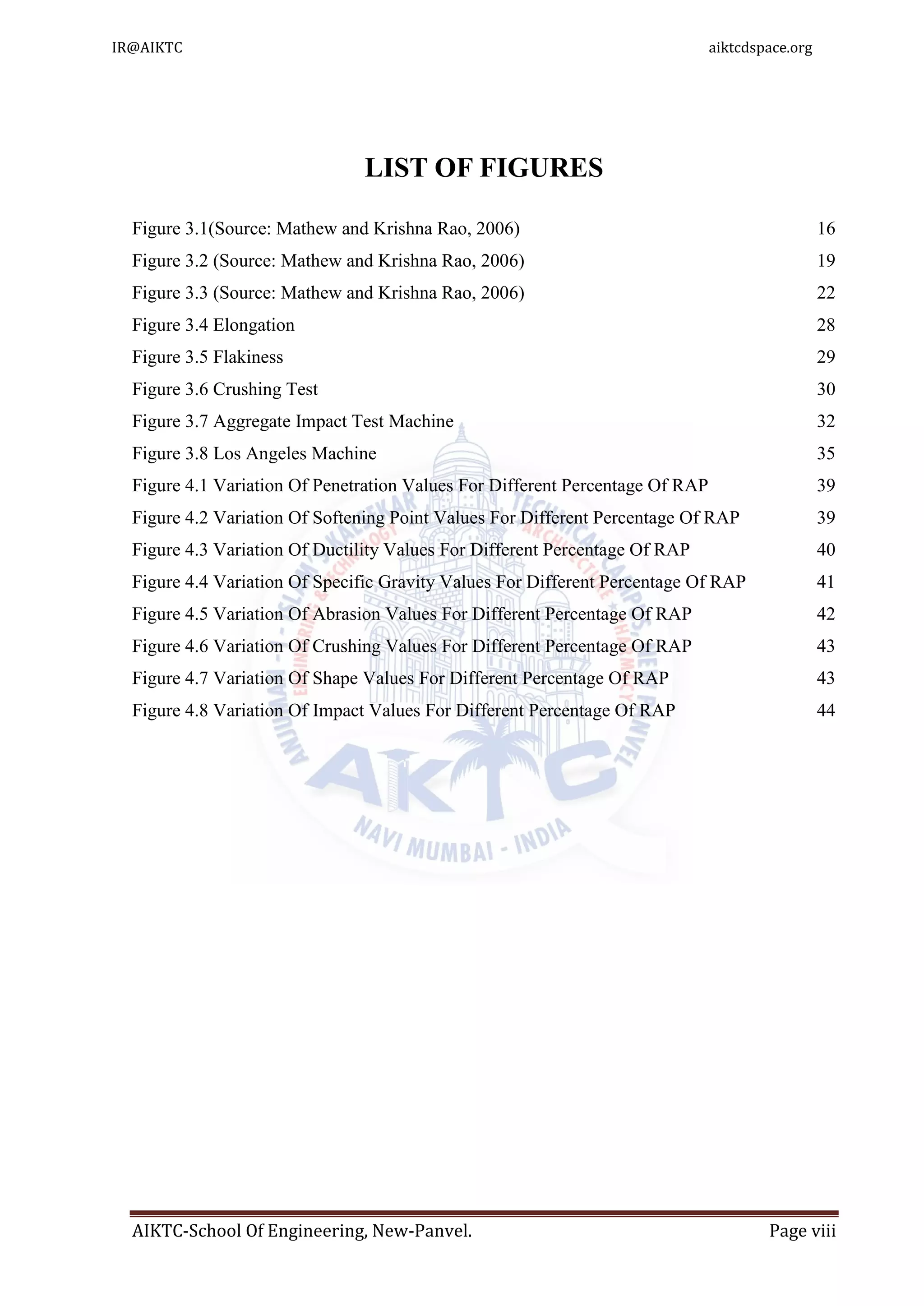 AIKTC-School Of Engineering, New-Panvel. Page viii
LIST OF FIGURES
Figure 3.1(Source: Mathew and Krishna Rao, 2006) 16
Figure 3.2 (Source: Mathew and Krishna Rao, 2006) 19
Figure 3.3 (Source: Mathew and Krishna Rao, 2006) 22
Figure 3.4 Elongation 28
Figure 3.5 Flakiness 29
Figure 3.6 Crushing Test 30
Figure 3.7 Aggregate Impact Test Machine 32
Figure 3.8 Los Angeles Machine 35
Figure 4.1 Variation Of Penetration Values For Different Percentage Of RAP 39
Figure 4.2 Variation Of Softening Point Values For Different Percentage Of RAP 39
Figure 4.3 Variation Of Ductility Values For Different Percentage Of RAP 40
Figure 4.4 Variation Of Specific Gravity Values For Different Percentage Of RAP 41
Figure 4.5 Variation Of Abrasion Values For Different Percentage Of RAP 42
Figure 4.6 Variation Of Crushing Values For Different Percentage Of RAP 43
Figure 4.7 Variation Of Shape Values For Different Percentage Of RAP 43
Figure 4.8 Variation Of Impact Values For Different Percentage Of RAP 44
IR@AIKTC aiktcdspace.org
 
