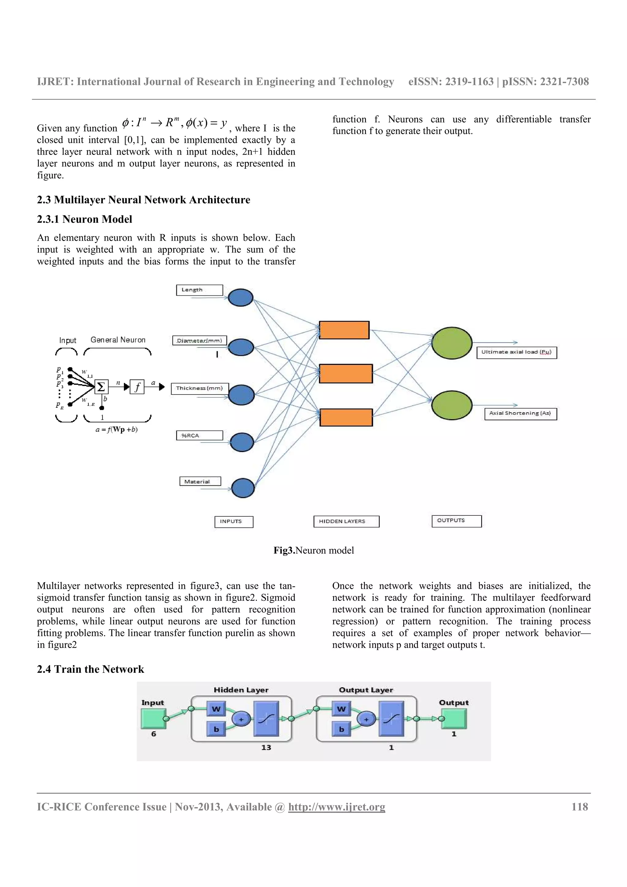 IJRET: International Journal of Research in Engineering and Technology eISSN: 2319-1163 | pISSN: 2321-7308
__________________________________________________________________________________________
IC-RICE Conference Issue | Nov-2013, Available @ http://www.ijret.org 118
Given any function
yxRI mn
=→ )(,: φφ , where I is the
closed unit interval [0,1], can be implemented exactly by a
three layer neural network with n input nodes, 2n+1 hidden
layer neurons and m output layer neurons, as represented in
figure.
2.3 Multilayer Neural Network Architecture
2.3.1 Neuron Model
An elementary neuron with R inputs is shown below. Each
input is weighted with an appropriate w. The sum of the
weighted inputs and the bias forms the input to the transfer
function f. Neurons can use any differentiable transfer
function f to generate their output.
Fig3.Neuron model
Multilayer networks represented in figure3, can use the tan-
sigmoid transfer function tansig as shown in figure2. Sigmoid
output neurons are often used for pattern recognition
problems, while linear output neurons are used for function
fitting problems. The linear transfer function purelin as shown
in figure2
2.4 Train the Network
Once the network weights and biases are initialized, the
network is ready for training. The multilayer feedforward
network can be trained for function approximation (nonlinear
regression) or pattern recognition. The training process
requires a set of examples of proper network behavior—
network inputs p and target outputs t.
 