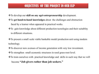 OBJECTIVES OF THE PROJECT IN OUR ELP
To develop our skill on any agri-entrepreneurship development.
To get hand-to-hand knowledges about the challenges and obstruction
faced by a learner when appeared in practical works.
To gain knowledge about different production tecnologies and their suitablity
to different situations.
To present a small scale viable bankable model production unit using modern
technology.
To discover new avenues of income generation with very low investment.
To strengthen small economic structures in rural grass-root level.
To train ourselves with practical knowledge and skills in such way that we will
become “Job givers rather than job seekers.”
 